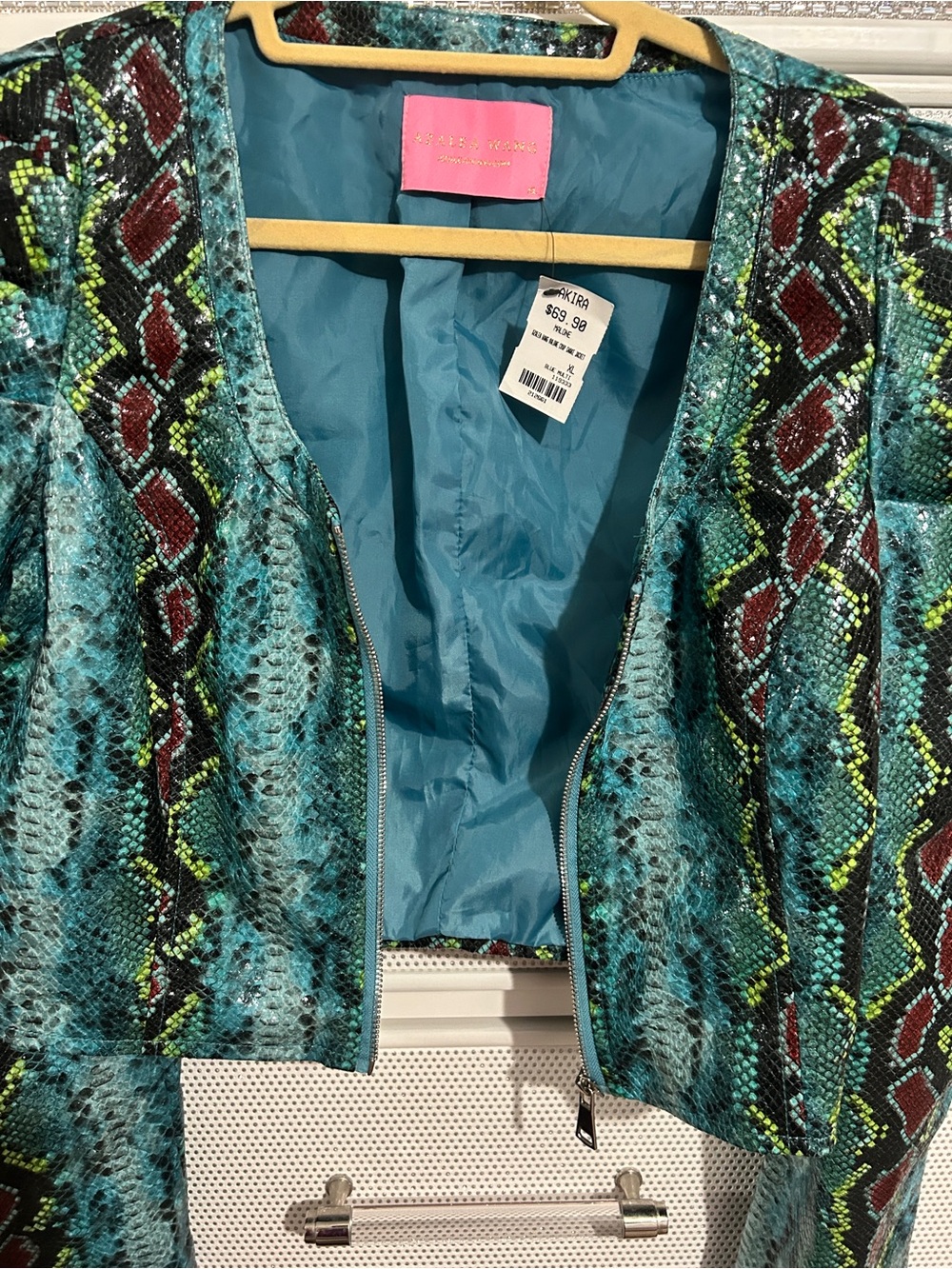 Azalea Wang teal and multicolored snakeskin print faux leather crop jacket. - Picture 8 of 11